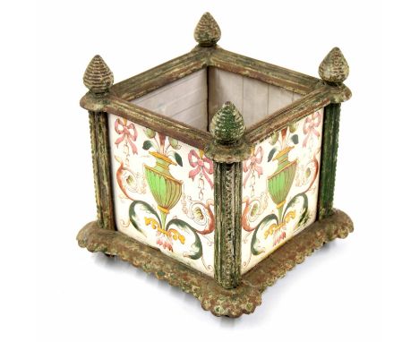 Victorian square tiled planter, the four tiles decorated with scrolling foliate swag details around green urns, marked 'ABO/5