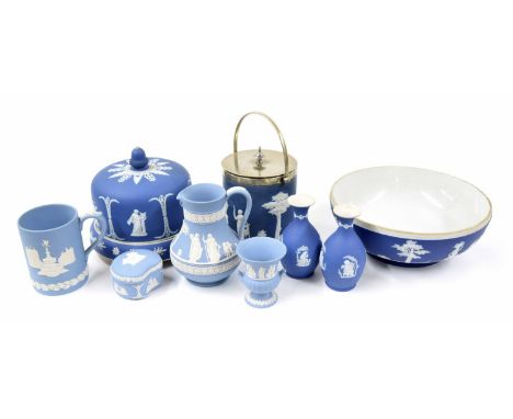 Collection of assorted Wedgwood Jasperware; cheese cloche on base 7" diameter, bowl 10.5" diameter, tobacco jar with metal co