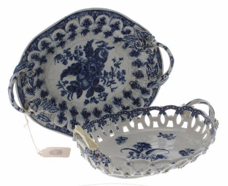 Worcester blue and white 'pine cone' pattern porcelain chestnut basket, with applied flower moulded handles, bearing crescent