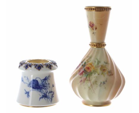 Royal Worcester - blush ivory porcelain waisted and fluted vase, decorated with flowers, factory stamp and numbered 1452 to t