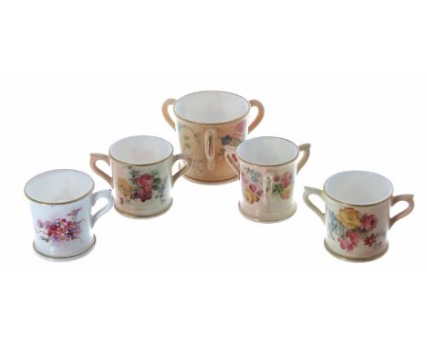 Four miniature Royal Worcester blush ivory porcelain loving cups, largest 1.5" high (largest with hairline crack); together w