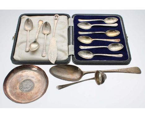 Assorted silver flatware including&nbsp;a George III silver serving spoon, the handle with engraved border, maker Richard Cro