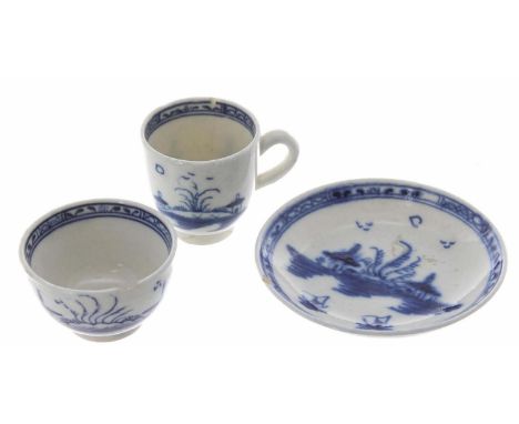 Caughley miniature blue and white 'White Island' pattern porcelain trio; comprising tea bowl, tea cup and saucer, saucer 2.75