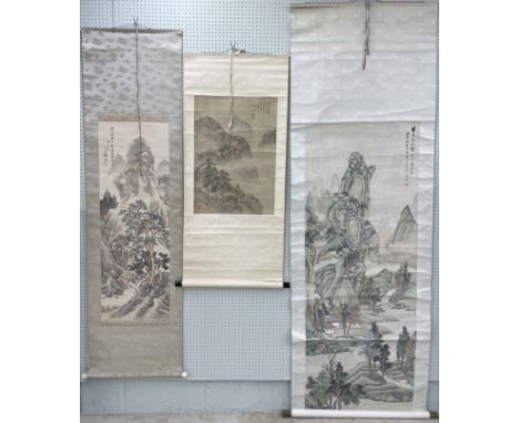 Chinese School&nbsp;- three scroll watercolours, largest depicting a figure with horse in a traditional mountainous landscape