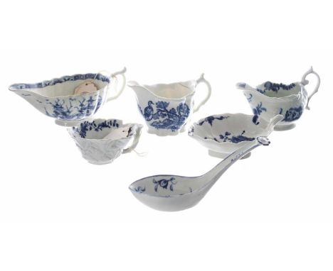 Worcester and Caughley blue and white porcelain to include a rare&nbsp;Worcester ladle, 5" (restored);&nbsp;Worcester blue an