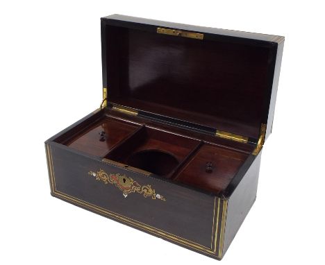 19th century coromandel brass inlaid and banded tea caddy, 12" wide, 6.5" deep, 6" high 