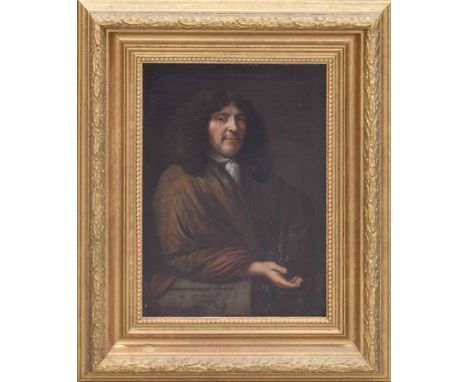 Circle of Nicolaes Maes (1634-1693) - portrait of a gentleman, half length wearing a brown gown and cream cravat, the cravat 