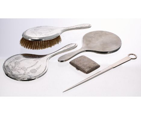 William Aitken silver dressing brush and mirror; together with another engine turned silver dressing mirror, an F H Adams &am