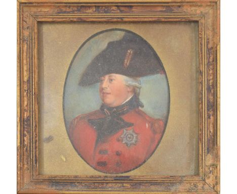 Portrait miniature of George IV,&nbsp;head and shoulders wearing a red coat decorated with a military order, and a large hat,