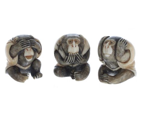 Set of three antique ivory netsuke monkeys -&nbsp;'see no evil', 'hear no evil' and 'speak no evil', 'hear no evil' signed to