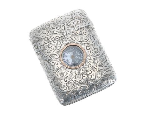 Victorian silver engraved vesta case inset with a compass, Birmingham 1891, maker&nbsp;A &amp; J Zimmerman, 1.75" x 1.25", 0.
