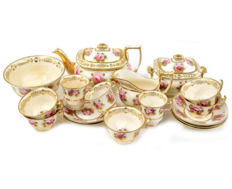 Coalport Felt Spar porcelain part tea service, early 19th century, painted with pink roses within gilded borders comprising a