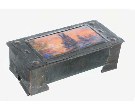 Arts &amp; Crafts enamel and copper rivetted casket,&nbsp;the cover inset with an enamel scene depicting sailing boats at sun