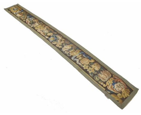 18th Century tapestry hanging banner, depicting flowers, urns and birds, 103" x 12" 