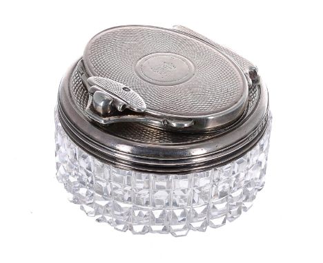 George III silver mounted cut glass ink well, with engine turned hinged cover and engraved crest, maker Allen Dominy, London 