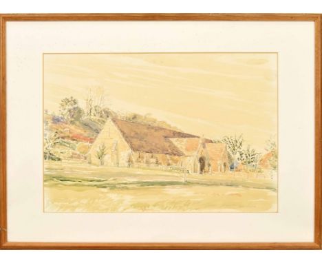 John Linfield R.W.S., NEAC, (b.1930) -- 'The Tithe Barn, Bradford-on-Avon' signed also extensively inscribed on an exhibition