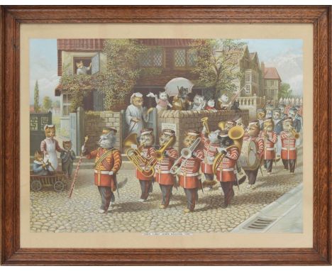 Louis Wain - 'When Tommy Comes Marching Home', marching band of cats scene, print, 20.5" x 14.5" 