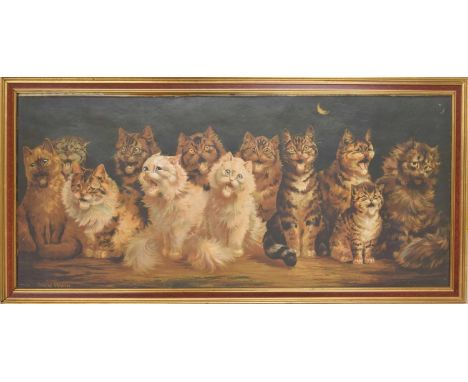 Louis Wain - 'Cats Chorus by Moonlight', a large framed oleograph print, 38" x 16" 