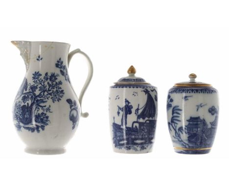 Caughley blue and white 'parrot with fruit' pattern porcelain jug, with a mask moulded spout, underglaze C mark and collector