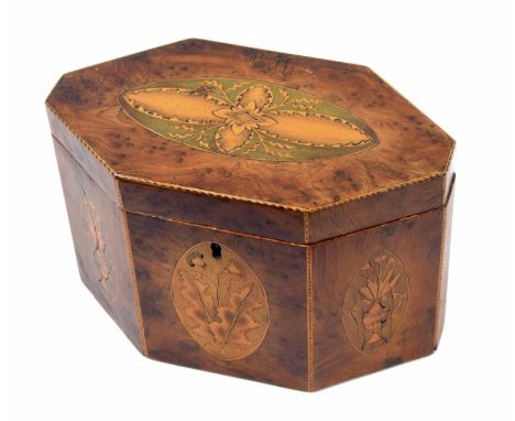 Attractive Georgian octagonal burr yew inlaid tea caddy, the cover and sides with inlaid foliate panels, the underside of the