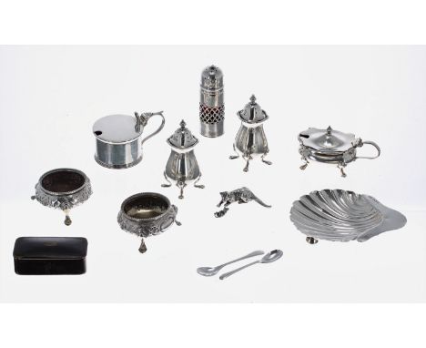 Collection of assorted silver condiments etc. including salt, pepper and mustard with blue glass liner by Robert Pringle &amp
