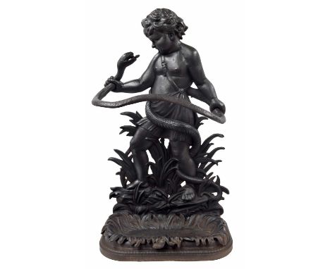 Coalbrookdale style cast iron stick stand,&nbsp;modelled with a cherub holding a snake upon a naturalistic base, black finish