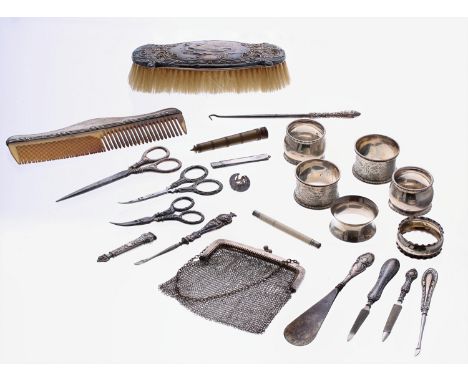 Selected silver pieces&nbsp;primarily dressing items&nbsp;including a brush, comb, vanity scissors, files etc; also six assor