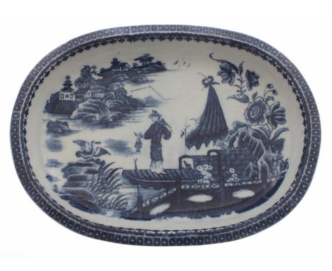Caughley blue and white 'Fisherman' pattern porcelain oval baking dish, marked S factory mark and bearing old collectors labe