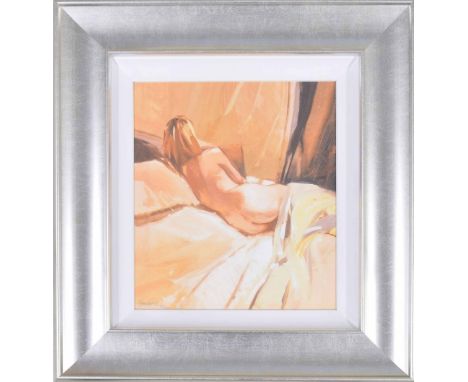 After Jim Farrant, (b. 1972) - back study of a female nude lying upon a sunlit bed, signed, limited edition giclee print no. 