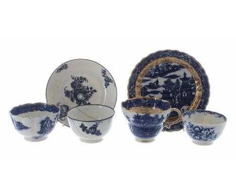 Caughley blue and white pagoda pattern fluted porcelain tea cup and saucer, the saucer 5.5" diameter, both bearing underglaze