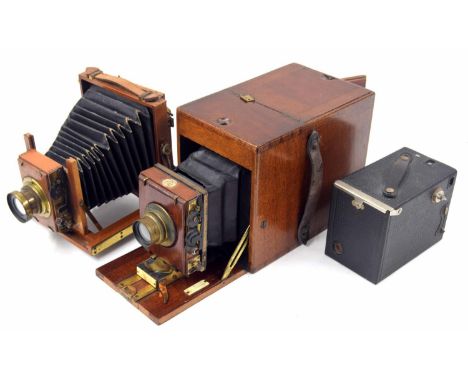 Victorian Thornton Pickard Time Inst. patent Eastman Kodak Co. mahogany cased box camera (bellows at fault); together with a 