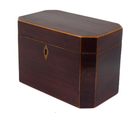 19th century mahogany tea caddy, of rectangular canted form, 7.5" wide, 4.5" deep, 5" high 