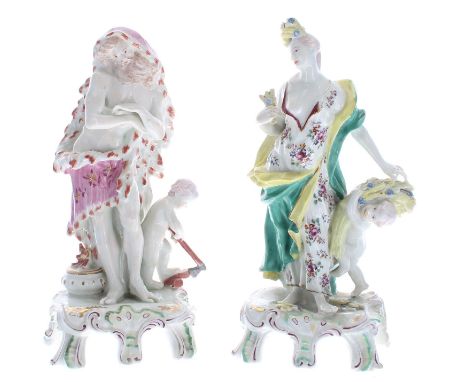 Pair of Derby porcelain figures of The Seasons,&nbsp;depicting Winter as a bearded man in a fur cloak, with a putto chopping 