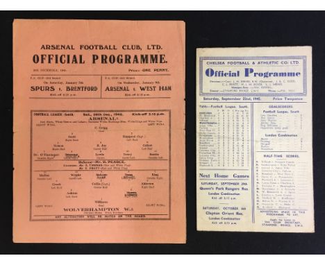 1945/46 Wolverhampton Wanderers away match football programmes v Arsenal at White Hart Lane, Chelsea at Stamford Bridge. Fair