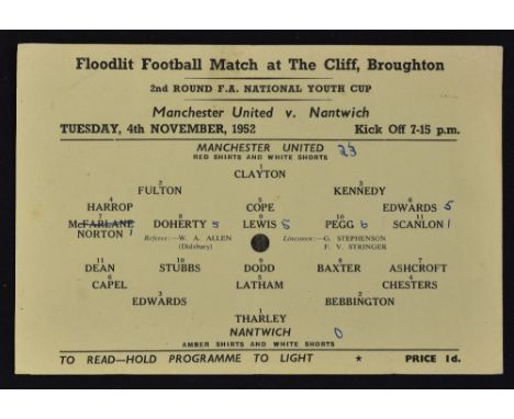 Manchester United 'Busby Babes' iconic match and programme 1952/53 Manchester United Youth v Nantwich Youth dated Tuesday 4 N