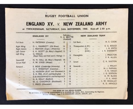 Scarce 1945 England XV v New Zealand Army Rugby programme - single folded sheet programme, played at Twickenham, usual pocket