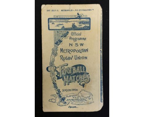 Scarce 1908 New South Wales (Australia) Metropolis v N.Z. Universities programme - played on Sat 11th July at the Sydney Grou