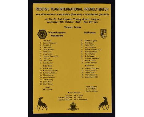 Wolverhampton Wanderers 2006/07 reserve team friendly Football Programme at Compton training ground v Dunkerque (France) 25 O