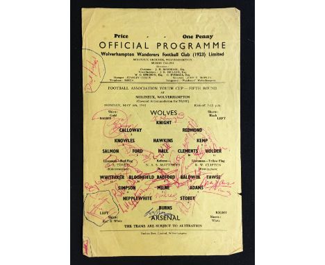 1962/63 Wolverhampton Wanderers Youth v Arsenal Youth FA Youth Cup 5th Round football programme at Molineux 6 May 1963, singl