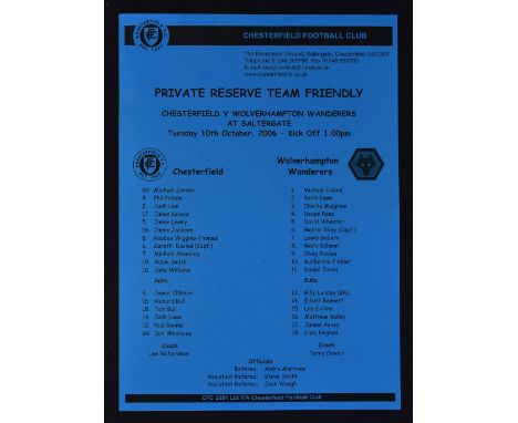 Wolverhampton Wanderers 2006/07 Private reserve team friendly Football Programme away at Chesterfield 10 October 2006. Good. 