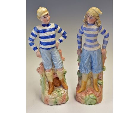 Pair of Victorian Continental Ceramic Football Figures in blue and white hooped shirts complete with football. Has the refere