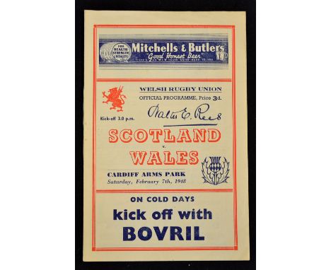 1948 Wales v Scotland Rugby Programme: usual interesting illustrated issue for this first official capped post-WW2 clash on W