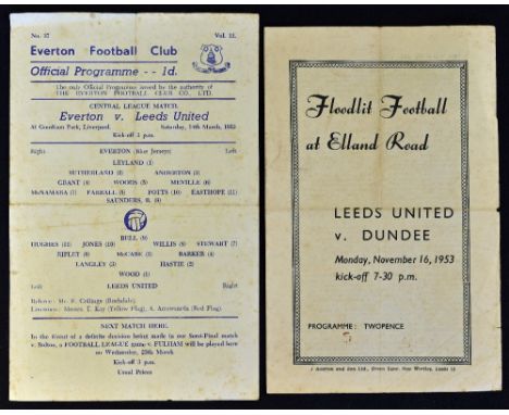 1953/54 Leeds United v Dundee Football Programme date 16 Nov 4 pager, plus 1952/53 Everton Reserves v Leeds United reserves d