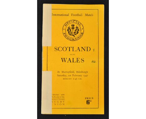 1947 Scotland v Wales (Runners-Up) Rugby Programme - won by Wales 22-8 at Murrayfield. Taped spine but otherwise good copy
