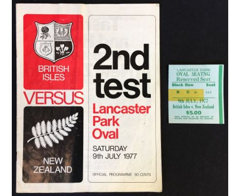 1977 British Lions v New Zealand tour programme and ticket - for the 2nd test at Lancaster Park Oval c/w ticket stub. (2)