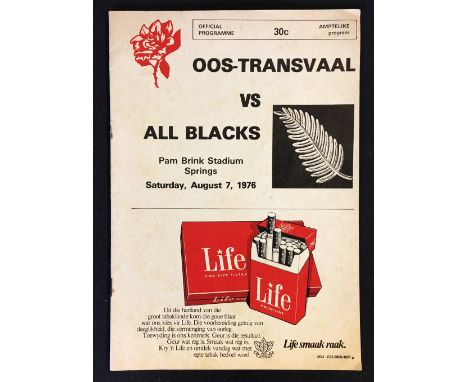 1976 East Transvaal (South Africa) v New Zealand All Blacks rugby programme - played at Pam Brink Stadium Springs - 16pp E.T.