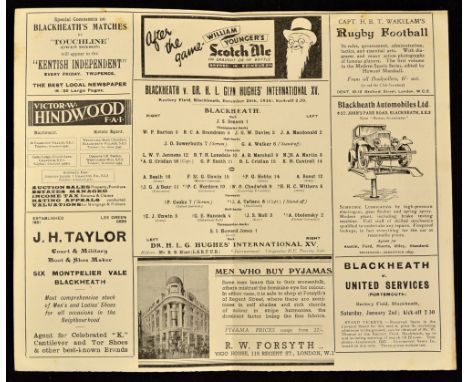 1936 Blackheath v Dr H L G Hughes' International XV Rugby Programme - single folded card played on Boxing Day 26th Dec - for 