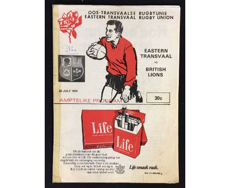 1974 British Lions Rugby South Africa tour programme - v Eastern Transvaal issued by Eastern Transvaal RFU, (Lions won 33-10)
