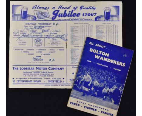 Autographed items to include Sheffield Wednesday v Everton 1950/51 Football programme 5 May 1951 with full signatures of the 