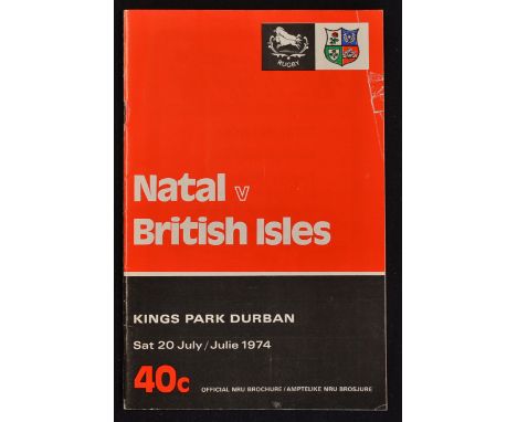 1974 British Lions v Natal rugby programme - played at Durban on 20 July Lions winning 34-6 - 24 pp - minor creases to the fr